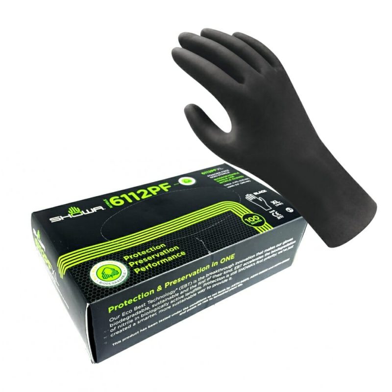 showa 6112pf biodegradable powder free nitrile disposal gloves black